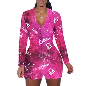 Women's casual pink Libra constellation print long sleeve romper button jumpsuit
