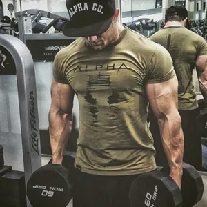 Muscular fit olive green workout t-shirt with ALPHA print for fitness and training