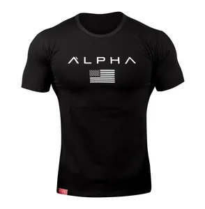 Detail view of Alpha print on men's black muscle fit gym t-shirt with American flag