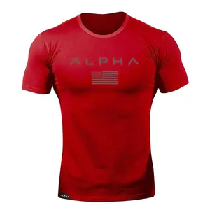 Close-up detail of the printed front design on a red athletic t-shirt with ALPHA text