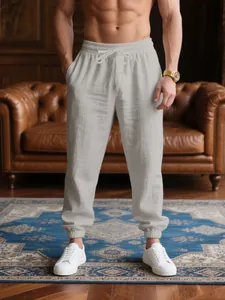 Premium men's light grey lightweight casual jogger pants for summer beach vacation style.