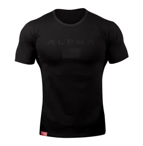 Men's black muscle fit athletic t-shirt with Alpha chest print for gym and fitness