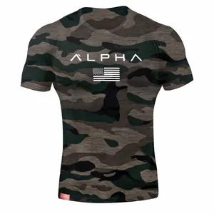 Detailed front view of men's camouflage crew neck sports T-shirt with Alpha print