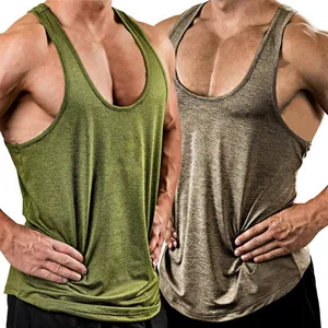 Close-up of men's muscle fit gym tank tops in olive green and khaki heather colors.