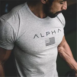 Men's Muscle Gym Sport T-Shirt Cotton Letter Flag Print Short Sleeve Round Neck Fitness Training Running Casual Top
