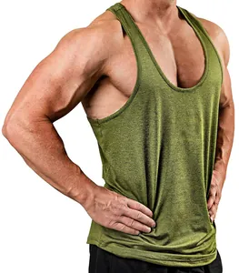 Close-up of olive green men's muscle tank top showing athletic fit and fabric texture.