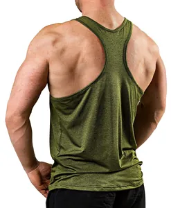 Close-up rear view showing the racerback detail of men's olive green gym tank top