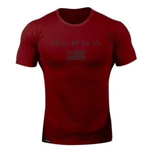Maroon men's slim fit athletic t-shirt featuring ALPHA chest print and flag design