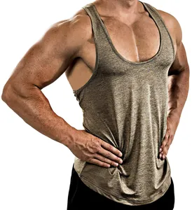 Close-up detail of a men's heathered bronze fitness tank top for intense bodybuilding