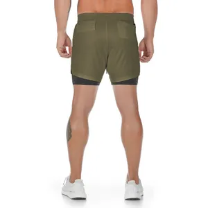 Back view of men's olive green two-in-one quick-dry running shorts for gym and fitness