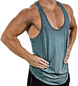 Detail view of men's heather teal muscle fit sports tank top with a deep V-neck design.