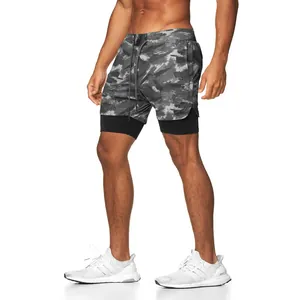 Side view detail of quick-dry camo sports shorts for men with built-in compression liner