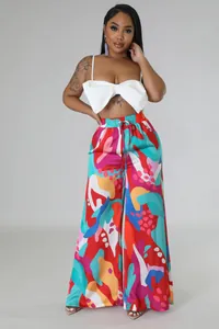 Elegante High-Waist-Hose mit weitem Bein und lebhaftem abstrakten Kunstdruck