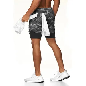 Men's camouflage 2-in-1 running shorts with breathable mesh and quick-dry fabric