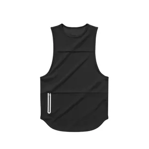 Zwart sneldrogend fitness-tanktop voor heren met een handige ritszak aan de zijkant
