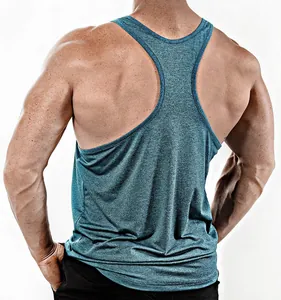 Detailed back view of a blue heathered bodybuilding stringer tank top for men's fitness.