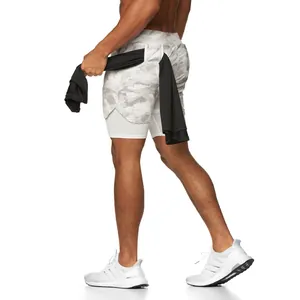 Men's 2-in-1 quick-dry running shorts with camo pattern and towel loop feature detail