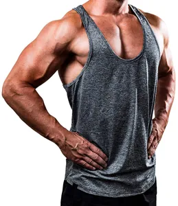 Close-up of grey marl muscle fitness tank top showing fabric texture and athletic fit
