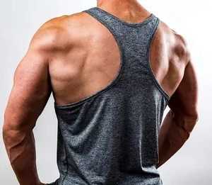 Detailed back view of a grey heather racerback gym tank top showing muscle definition