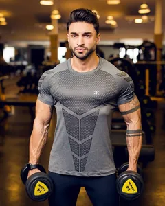 Close-up of grey short-sleeved compression T-shirt for men's professional gym training
