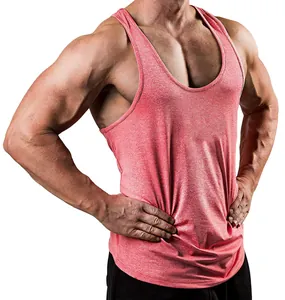 Detailed view of men's heathered red muscle fit gym tank top with deep scoop neck