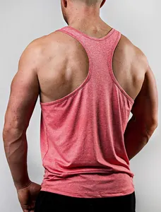 Detailed back view of a red heather racerback stringer gym tank top on a muscular model