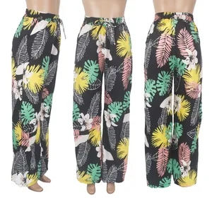 Modische Damen Weite Hose mit tropischem Blattmuster, Taschen und praktischem Kordelzug