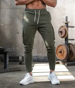 Men's slim fit olive green multi-pocket cargo joggers for gym and running