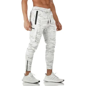 Detailed view of men's white camouflage cargo joggers with multiple functional pockets.