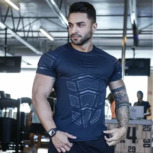 Men's high elastic muscle fit compression T-shirt featuring a unique geometric tech print