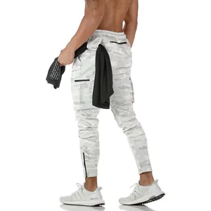 Detailed view of men's white camouflage cargo joggers with side pockets and zippers