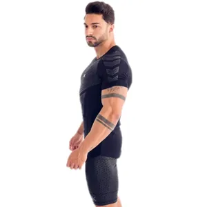 Side profile of men's athletic black high-stretch compression T-shirt and shorts