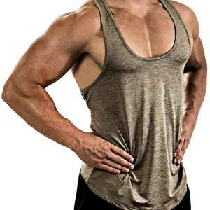 Men's olive heathered muscle fitness tank top with athletic fit and round hem.