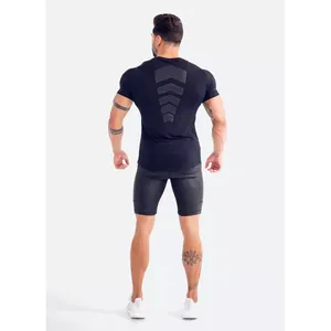 Back view of men's black quick-dry compression gym t-shirt and patterned shorts set