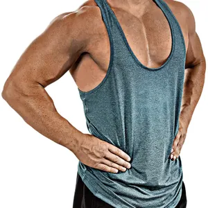 Men's heathered blue stringer tank top for bodybuilding and fitness gym workouts
