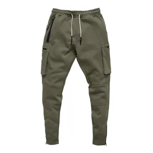 Detailed view of olive green men's cargo joggers featuring multi-pockets and drawstring