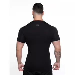 Professional back view of men's black high-elastic compression gym T-shirt with logo
