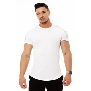 Close-up of a white high-elastic quick-dry fitness T-shirt for men on a muscular model