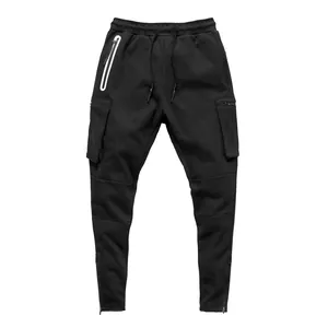 Detailed view of black sports cargo pants with multi-pockets and waterproof zipper