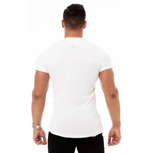 Back view detail of a men's white compression fitness t-shirt featuring a back logo