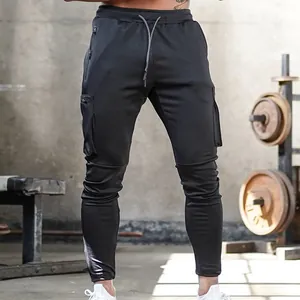 Men's slim fit athletic cargo pants with multi-pockets for gym training and running