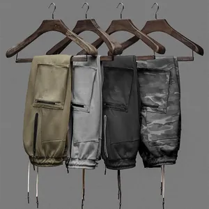 Durable men's multi-pocket sports cargo pants in khaki, grey, black, and camouflage