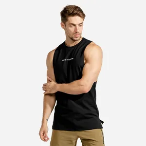 Athletic male model wearing a slim-fit black fitness muscle tank top with chest text