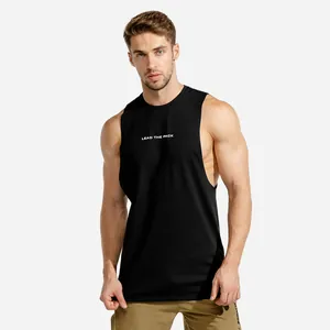 Front view of men's slim fit black fitness tank top with Lead The Pack print on chest