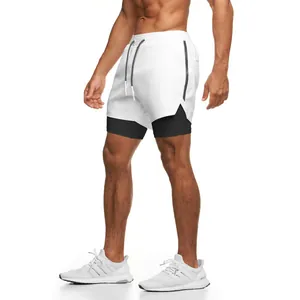 Pantalones cortos deportivos profesionales de doble capa para hombre en blanco y negro