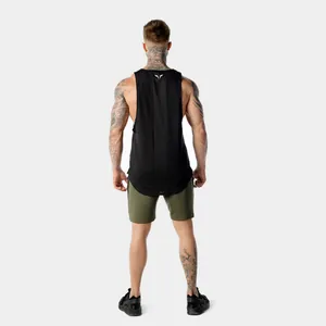 Back view of breathable black gym muscle tank top for men featuring logo detail
