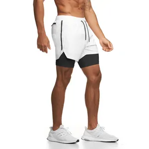 Pantalones cortos deportivos de doble capa para hombre para correr y fitness blanco