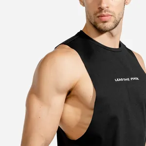 Close-up detail of black men's muscle gym tank top with white slogan print