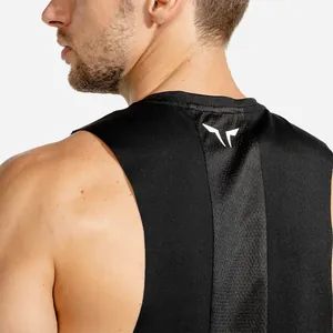 Close-up detail of breathable black muscle gym vest for men with white back logo design