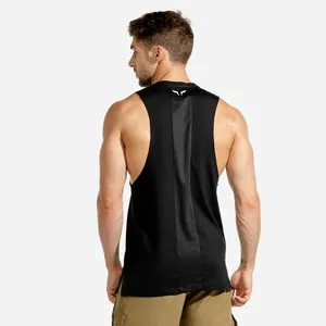 Close-up back view of a men's black fitness tank top with breathable mesh paneling